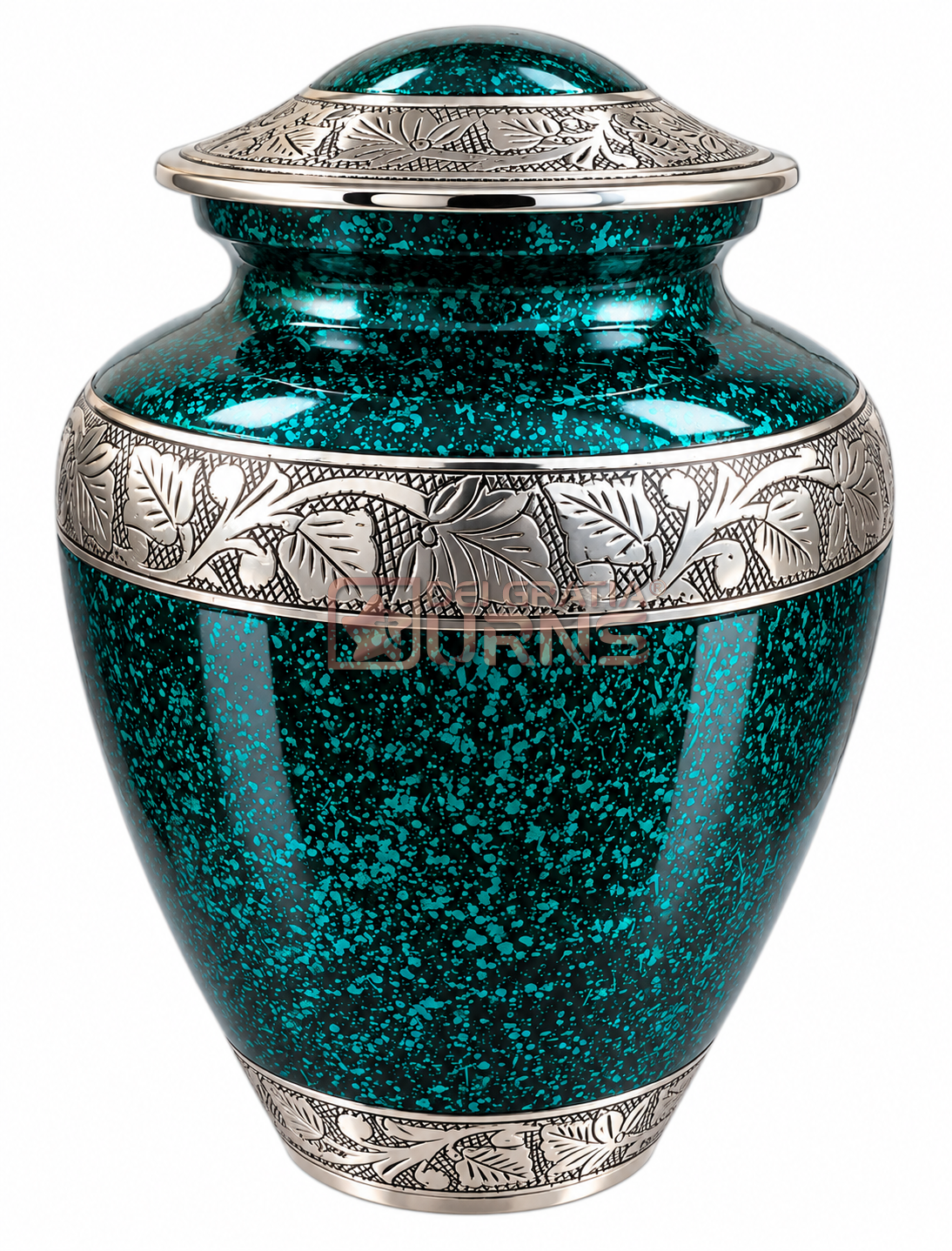 Emerald green cremation urn with silver floral border
