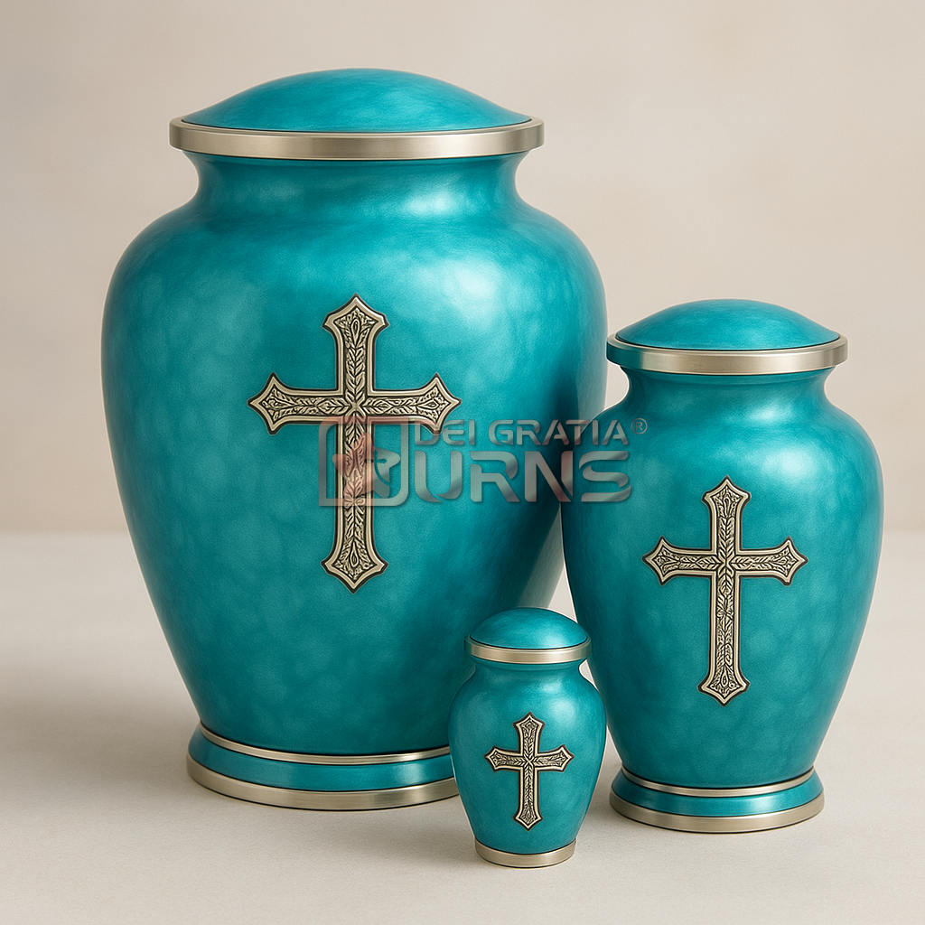 Faithful Turquoise Cross Cremation Urn Set Turquoise Christian cross cremation urn set with elegant gold cross accents