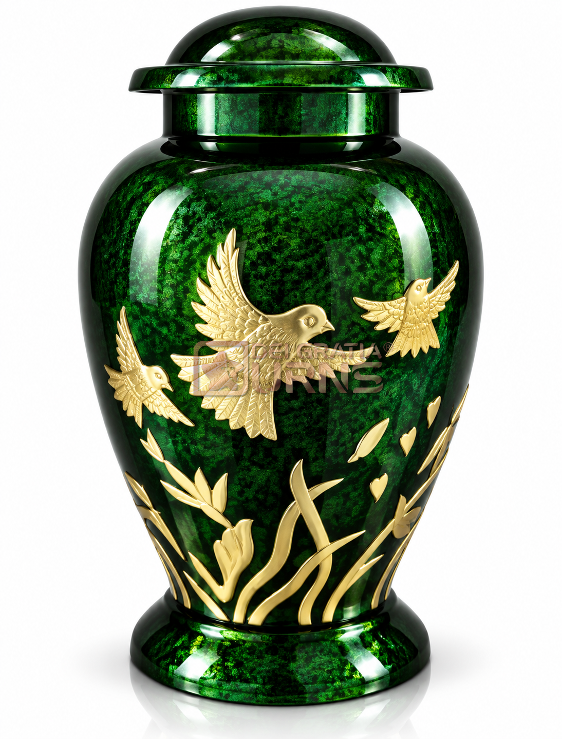 Forest green cremation urn with gold bird motif