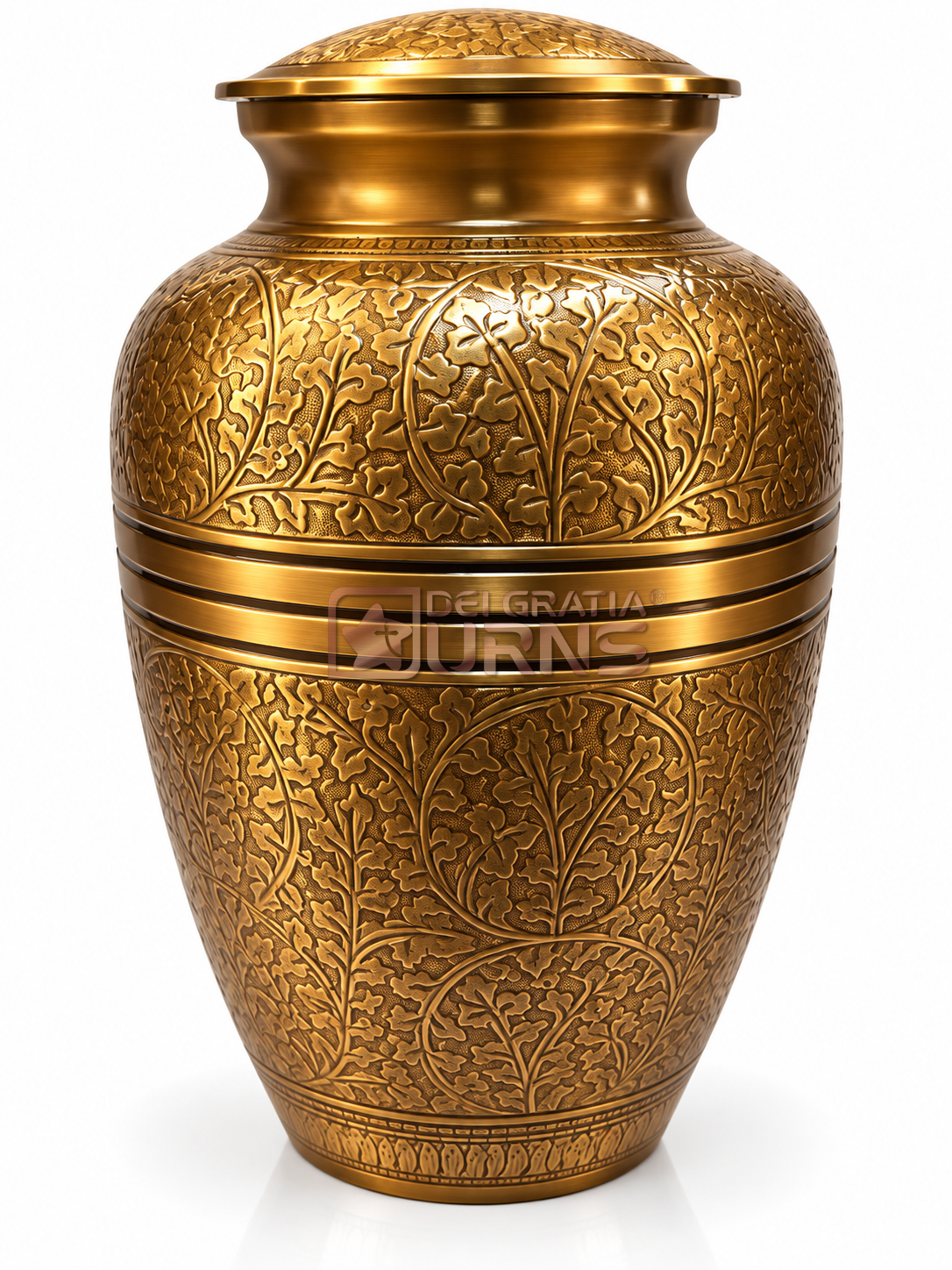 Antique Gold Filigree Classic Cremation Urn 1 Antique gold filigree cremation urn with fine scroll pattern and matching lid, front view