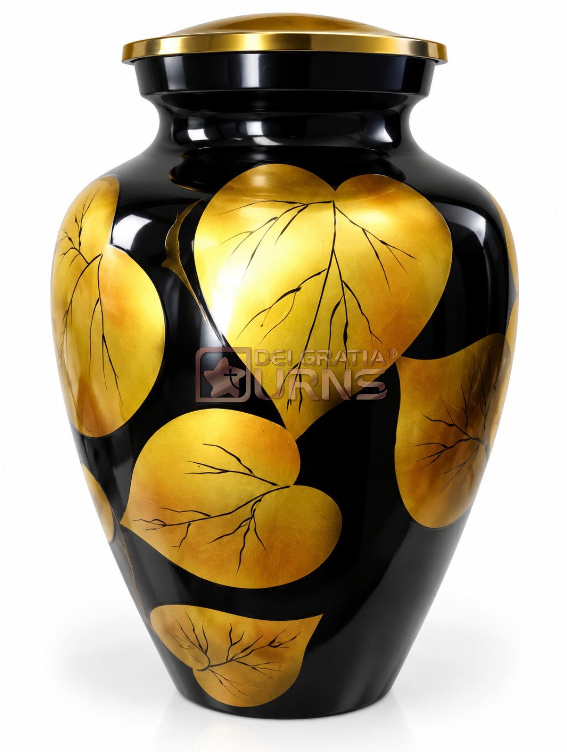 Black cremation urn with large golden heart leaf pattern, front view
