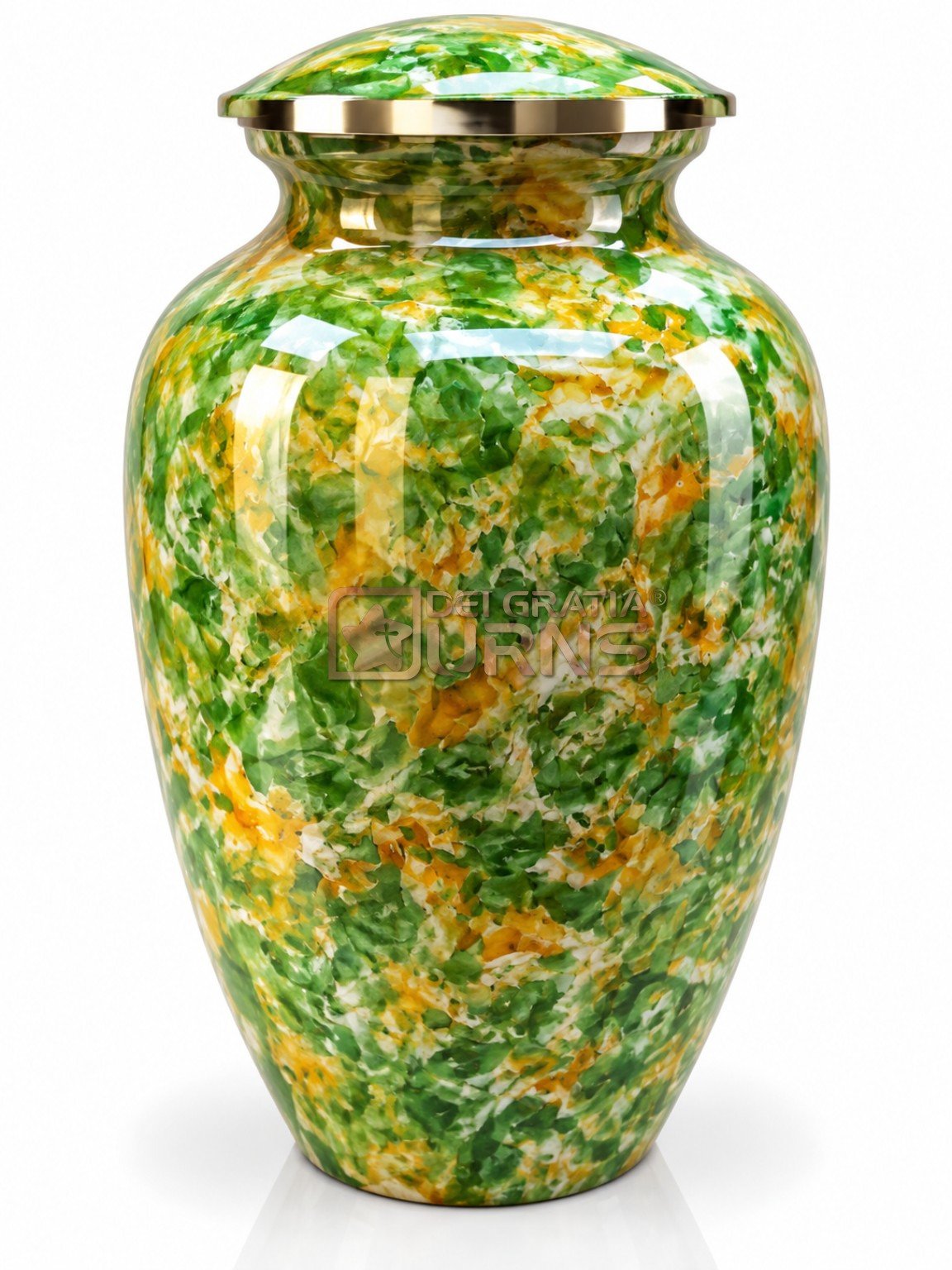 Green Gold Marbled Cremation Urn with green and gold marbled pattern, front view