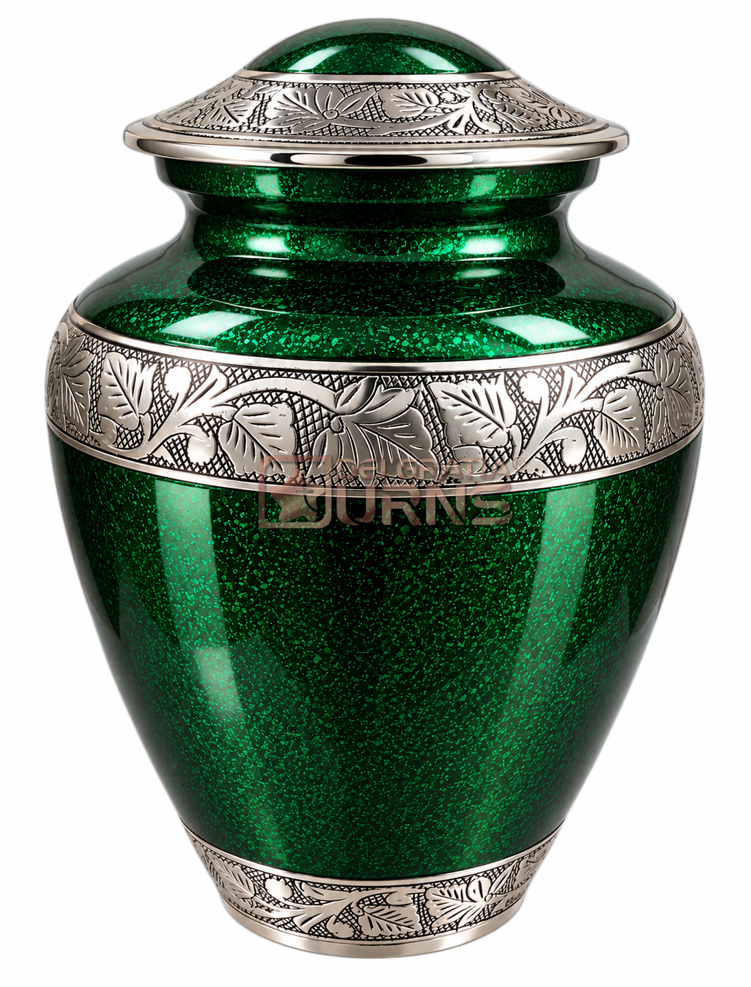 Emerald green cremation urn with silver floral filigree bands