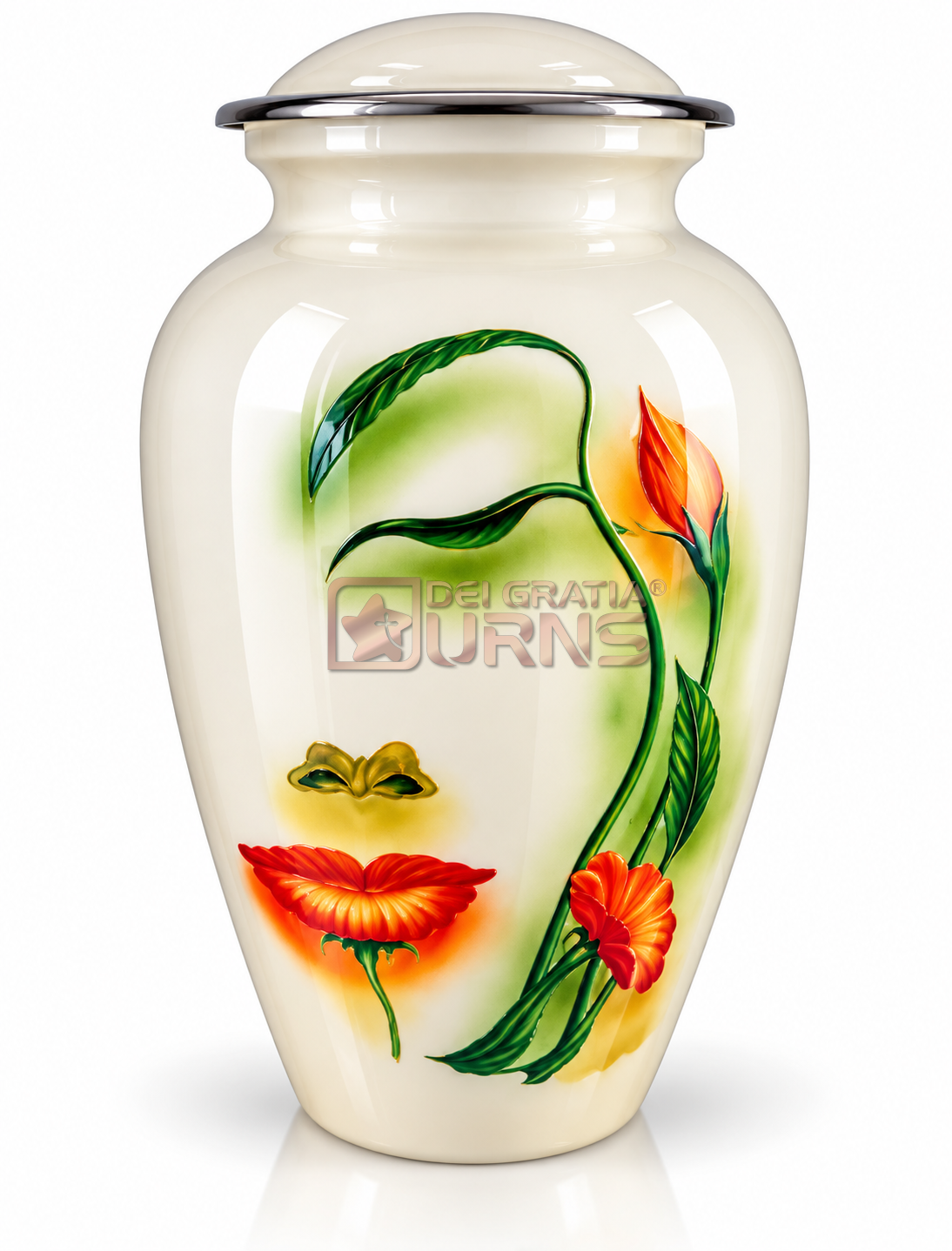 Ivory cremation urn with painted orange floral design