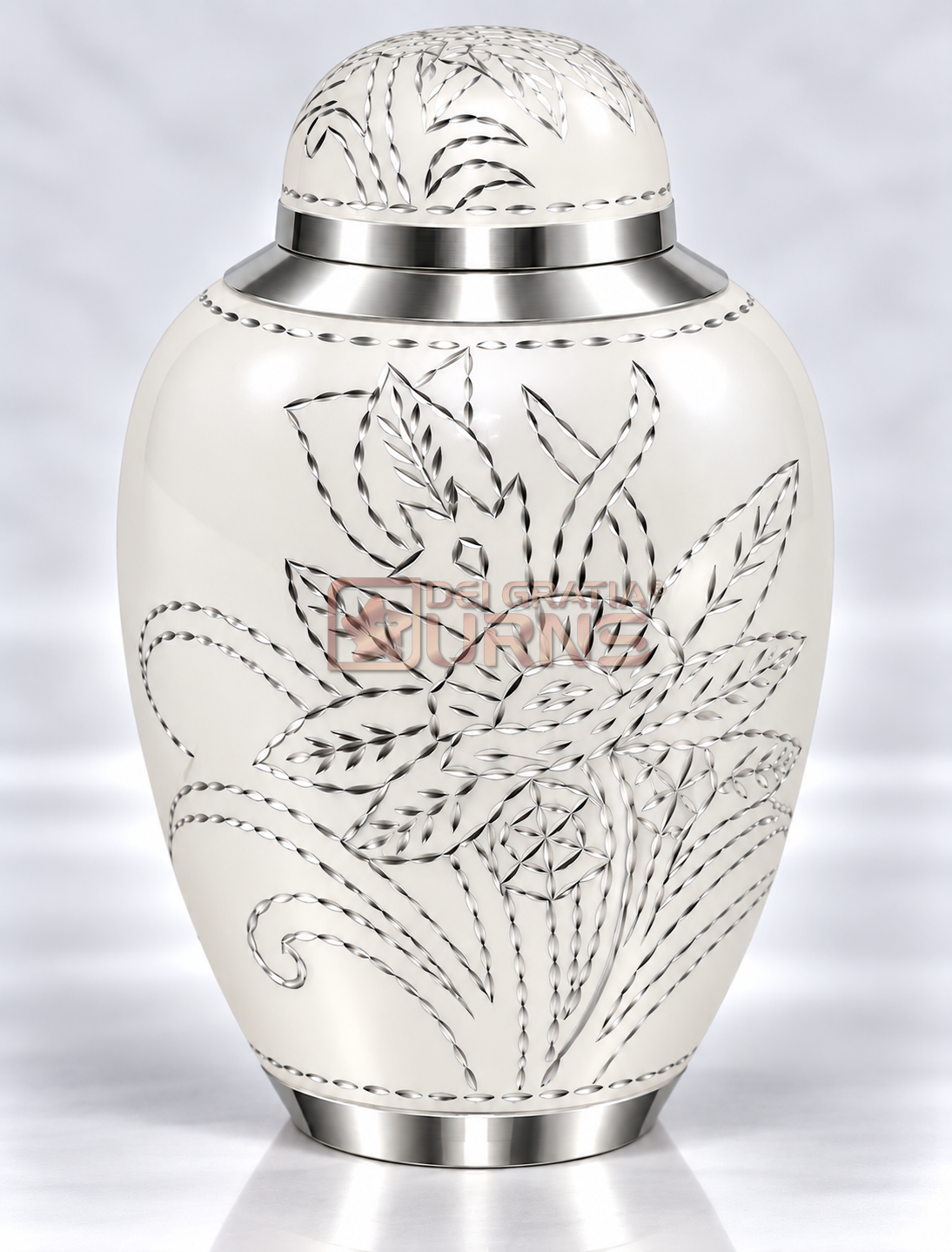 Ivory white cremation urn with silver sunflower and foliage motif