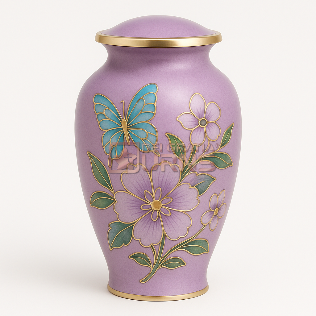 Lavender Garden Butterfly Floral Cremation Urn Lavender Garden cremation urn with butterfly and gold floral memorial artwork