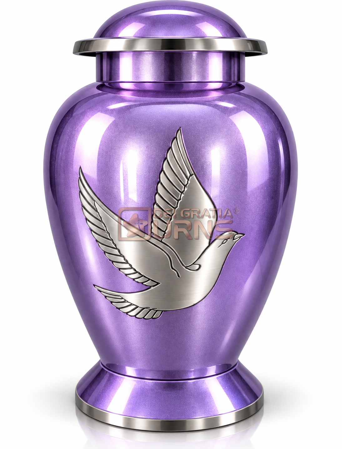 Lavender cremation urn with silver dove motif