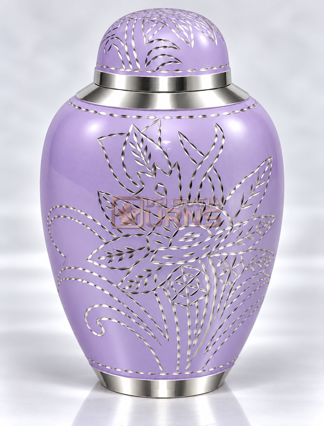 Lavender cremation urn with silver sunflower and foliage motif