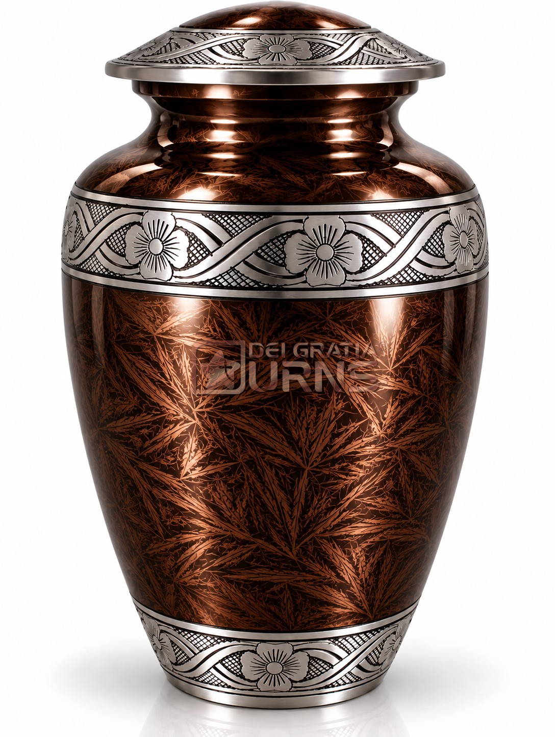 Bronze brown cremation urn with botanical leaf pattern and silver bands
