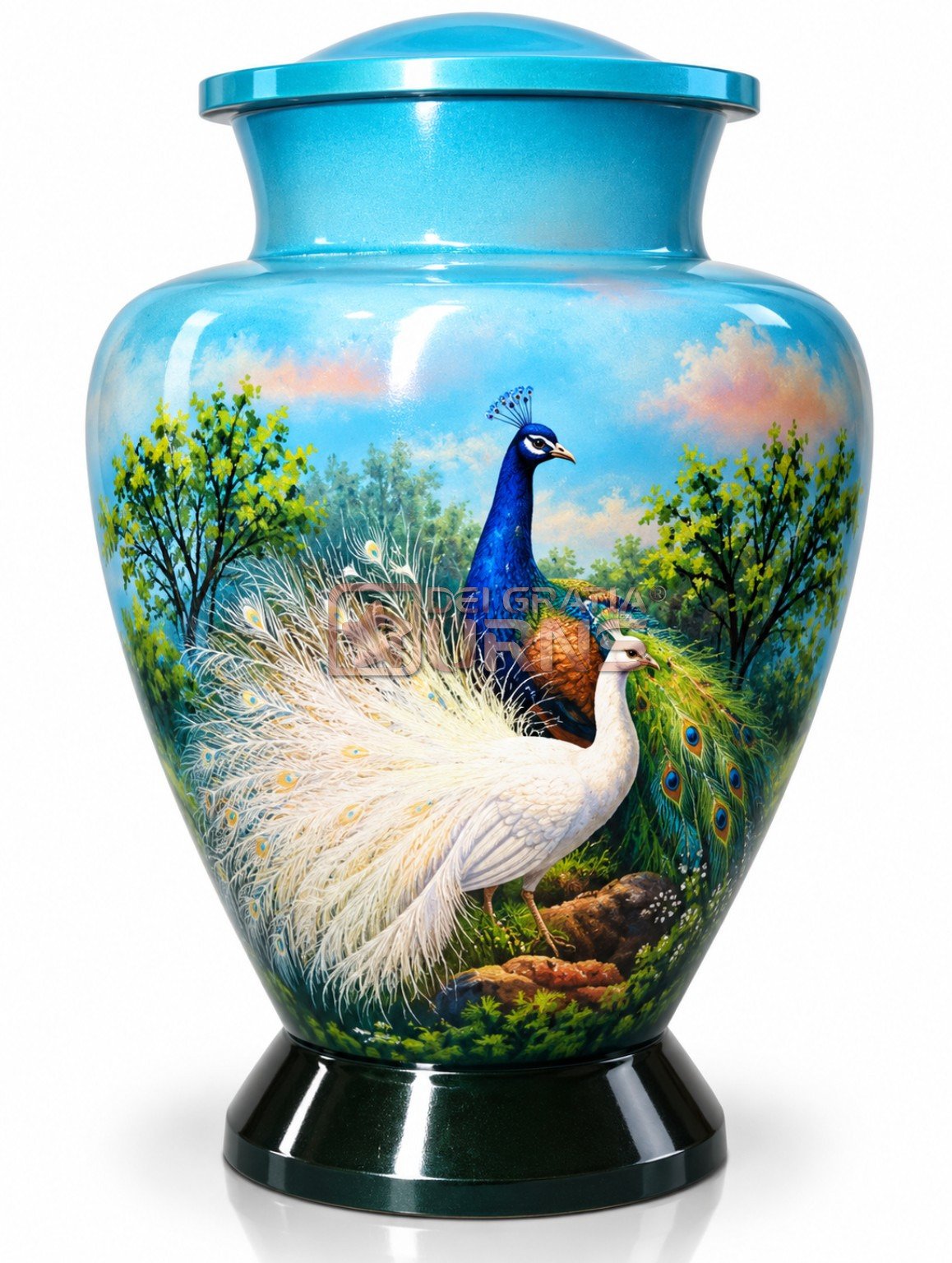 Peacock garden cremation urn in blue, green and cream with a peacock scene, front view