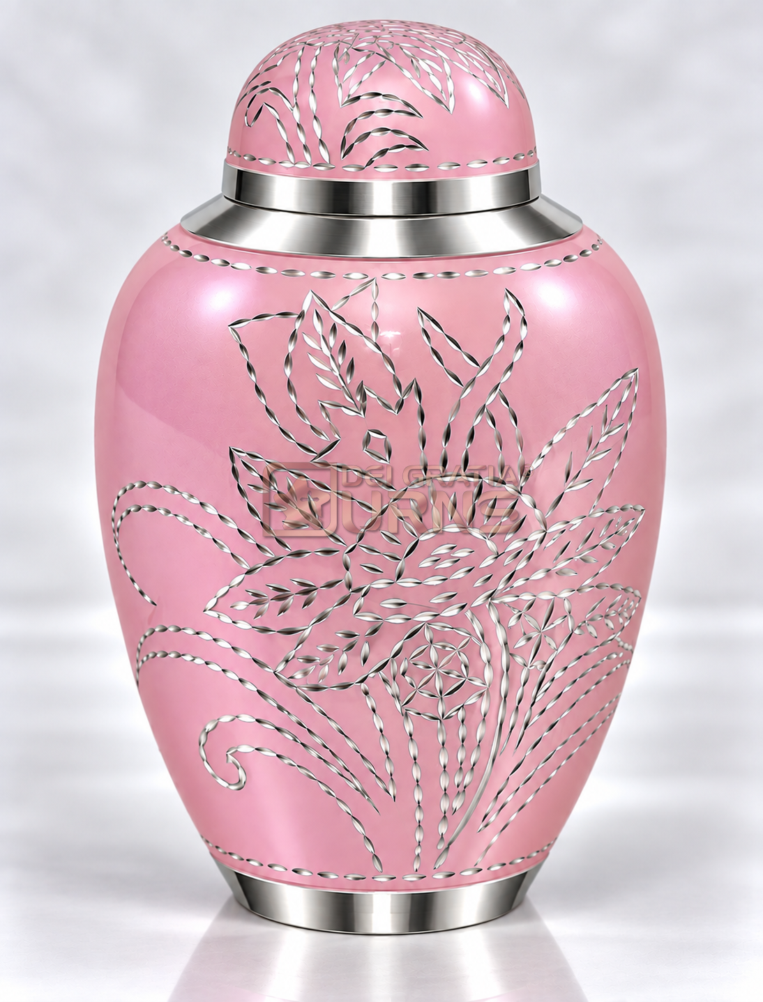 Blush pink cremation urn with silver sunflower and foliage motif