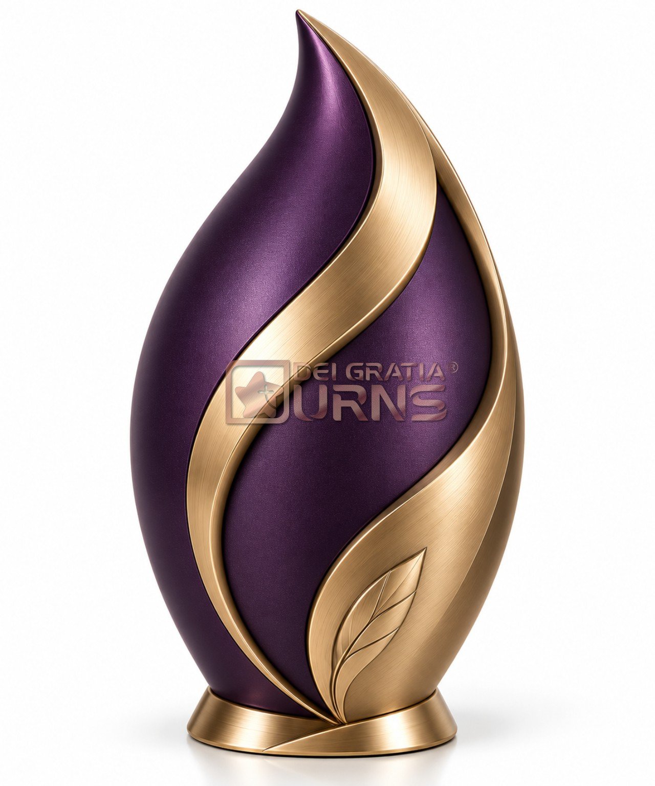 Purple Gold Flame Cremation Urn, front view showing deep purple panels with sweeping gold-tone accents