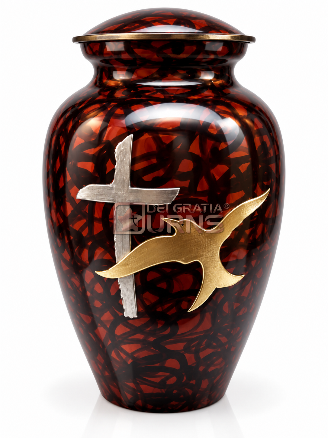 Red Cross and Dove Cremation Urn 1 Red cross and dove cremation urn with silver-tone cross and gold-tone bird, front view