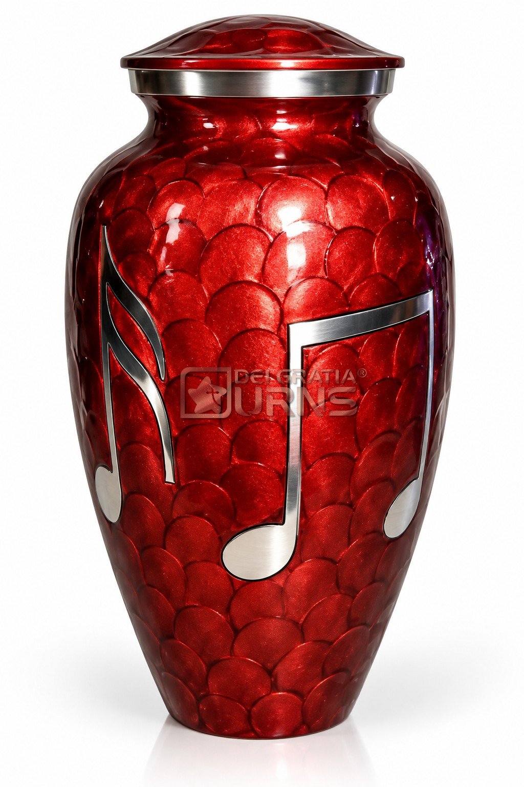 Ruby Red Silver Music Notes Cremation Urn 1 Ruby red music note urn with silver-tone notes over a textured red finish, front view