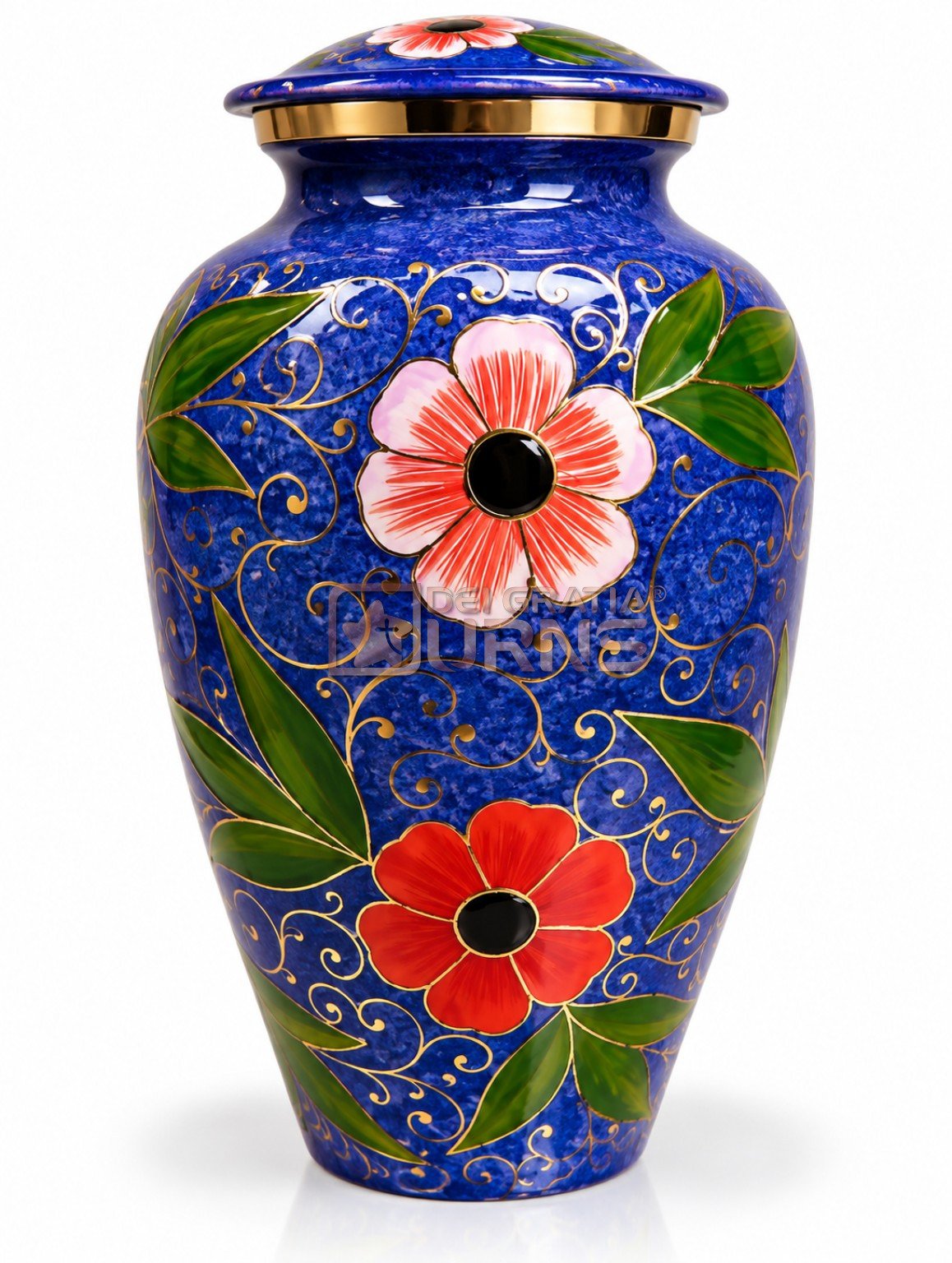 Royal blue floral cremation urn with colorful flowers and vine pattern, front view