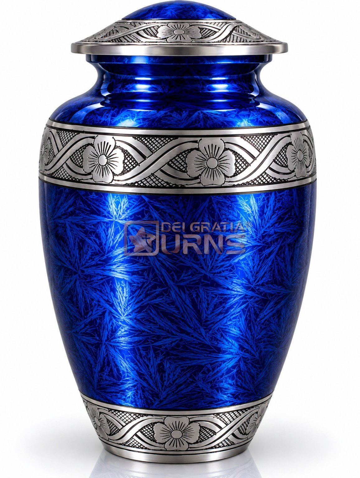 Royal Blue Silver Floral Band Cremation Urn with royal blue body with silver-tone floral bands, front view