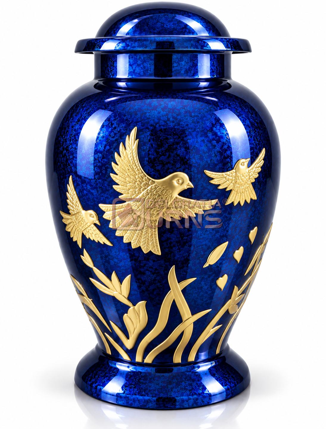 Royal blue cremation urn with gold birds and branch pattern