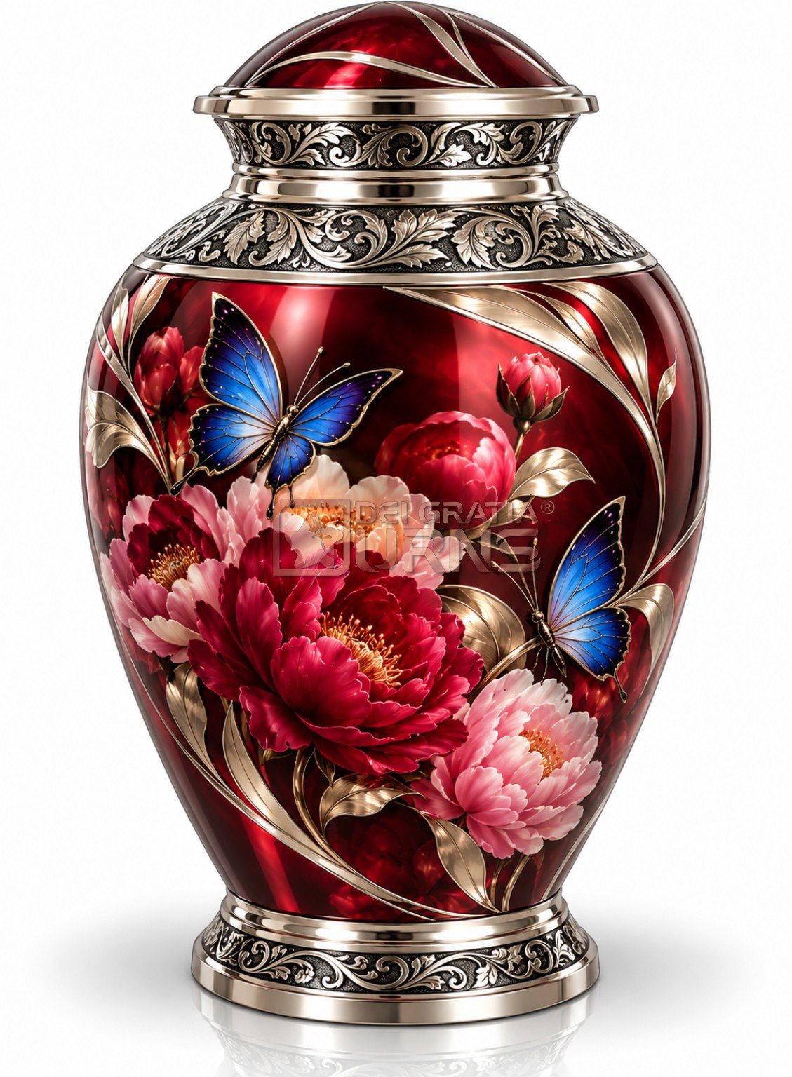 Ruby Floral Butterfly Cremation Urn, front view showing ruby red body with flowers and blue butterflies