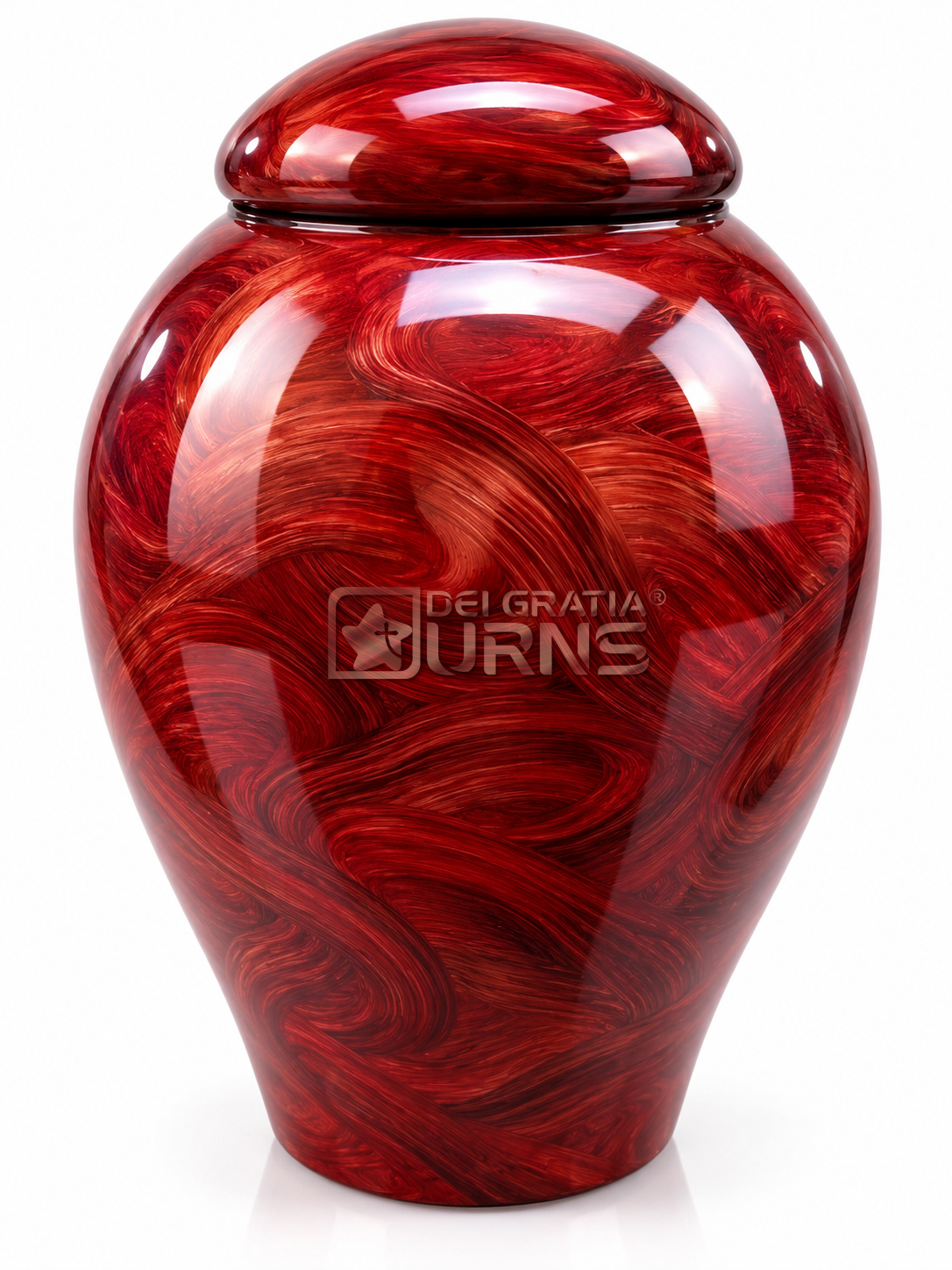 Ruby Red Flow Pattern Cremation Urn 1 Ruby Red Flow Pattern Cremation Urn in ruby red and deep crimson, front view showing organic, flowing darker red pattern beneath a glossy-looking surface