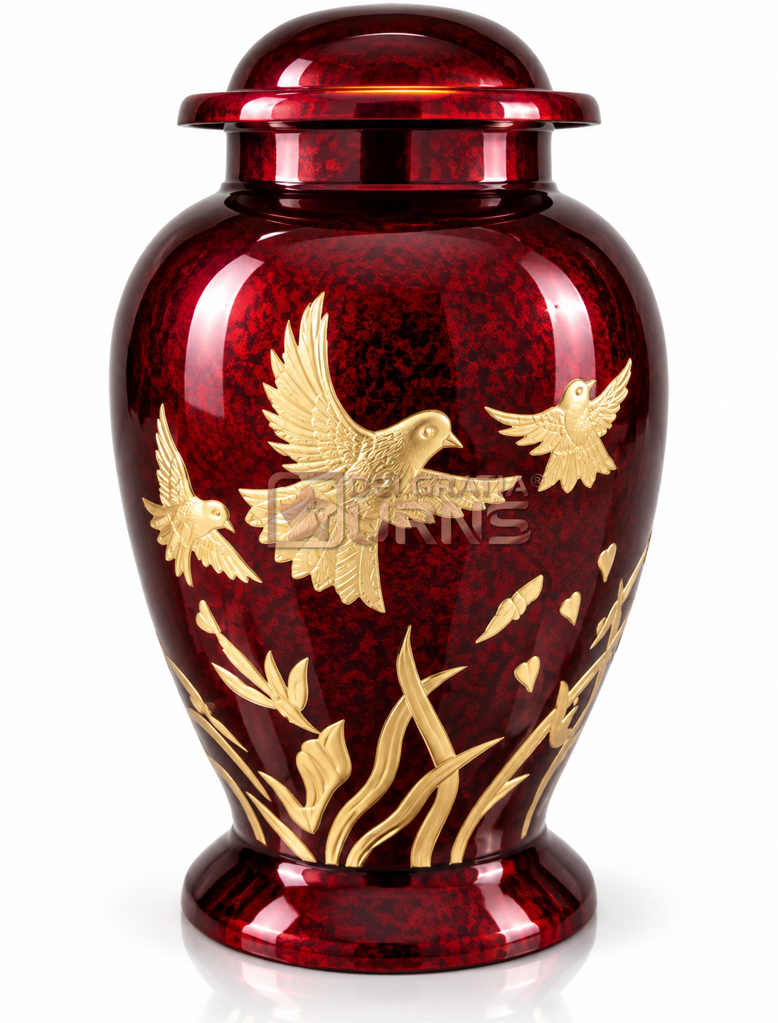 Ruby red cremation urn with gold birds and branches