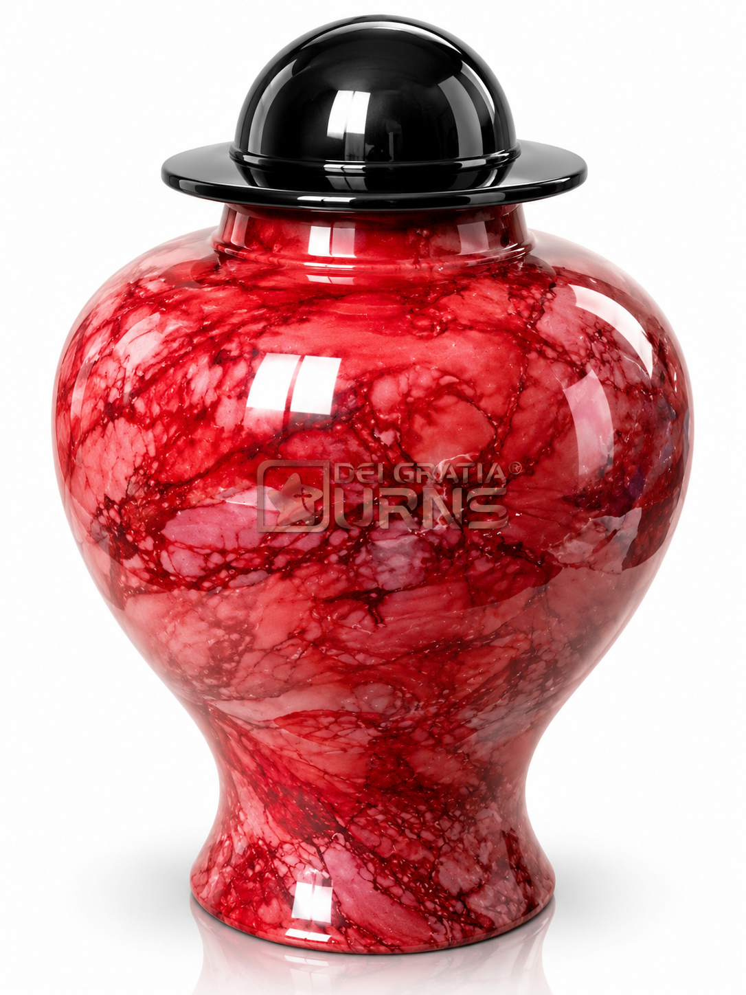 Ruby Red Marble Pedestal Cremation Urn 1 Ruby Red Marble Pedestal Cremation Urn in ruby-red and black with rounded black lid and coordinating pedestal