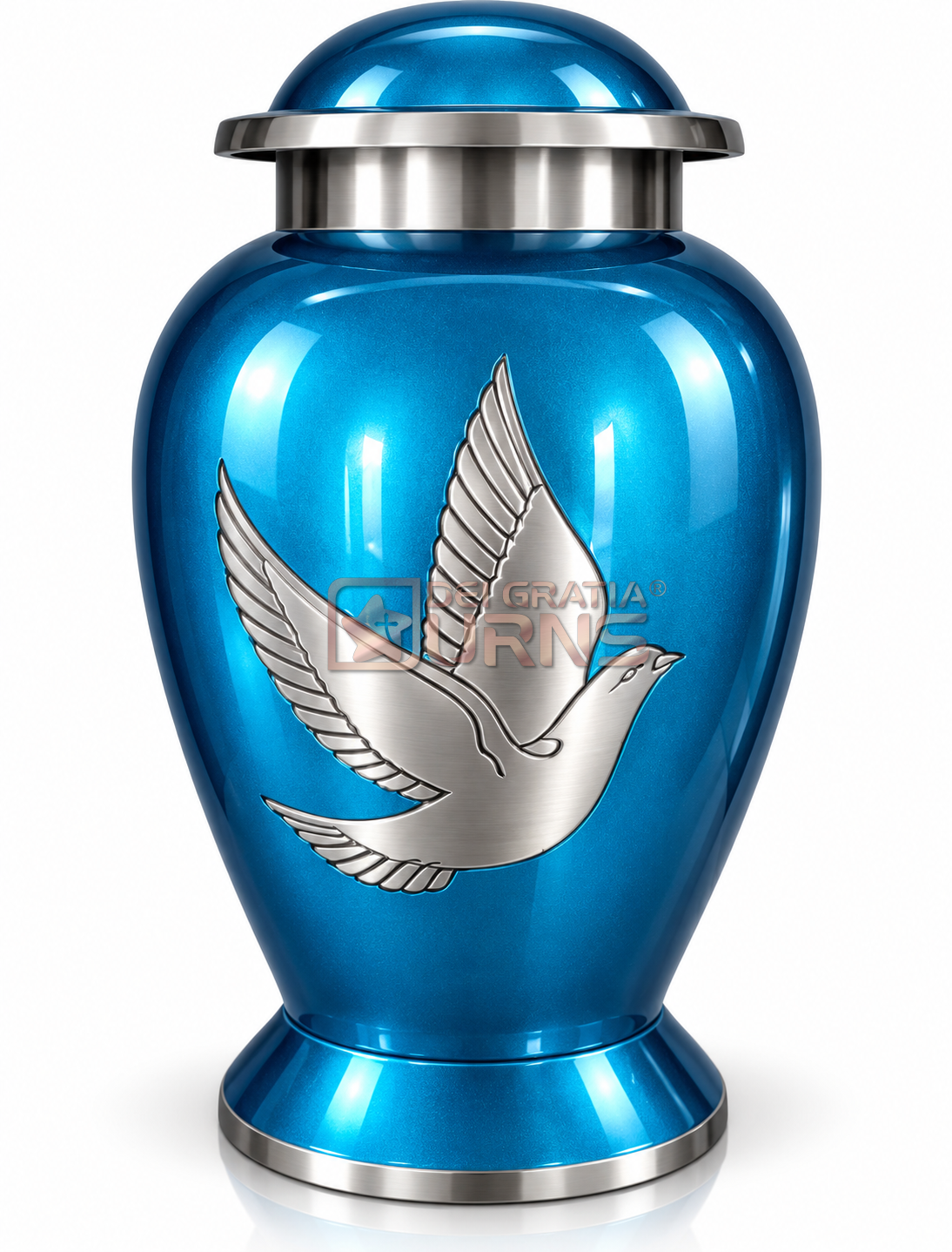 Sky blue cremation urn with silver dove motif
