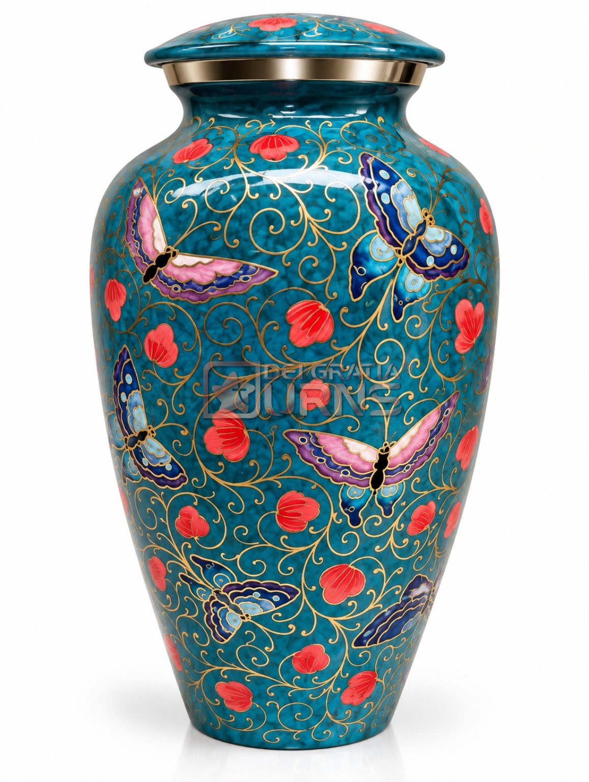 Teal bird and berry floral cremation urn with colorful vine pattern, front view