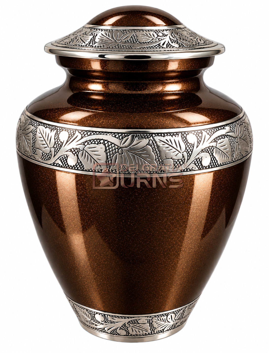 Coffee bronze cremation urn with silver floral filigree bands