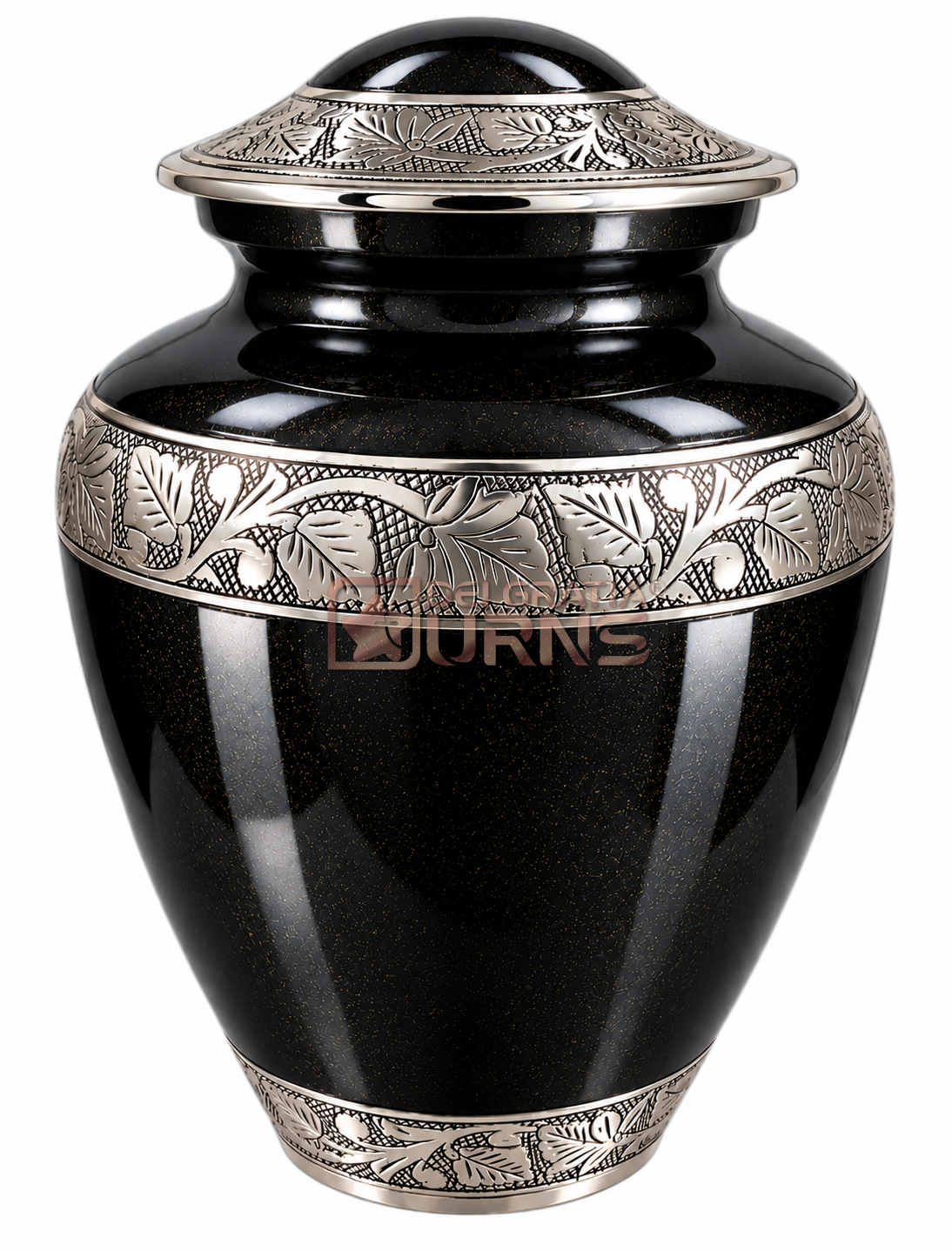 Onyx black cremation urn with silver floral filigree bands and domed lid