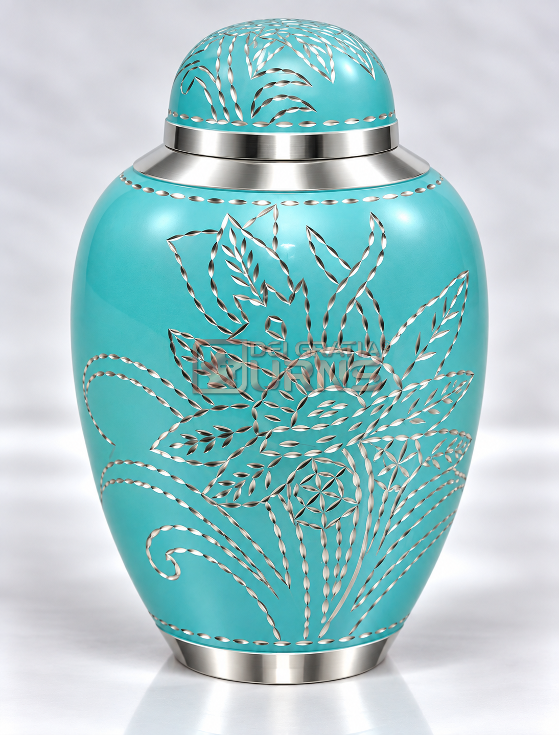 Turquoise blue cremation urn with silver sunflower and foliage motif