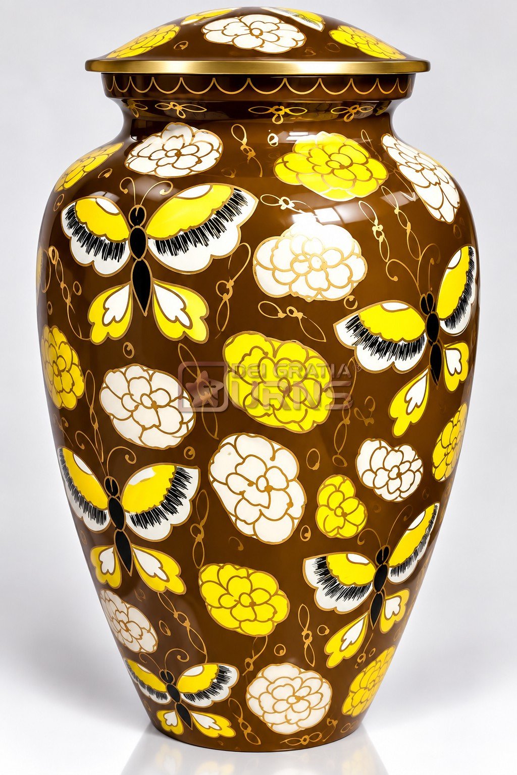 Ochre Yellow Floral Pattern Cremation Urn 1 Ochre yellow floral cremation urn with illustrated flowers on body and lid