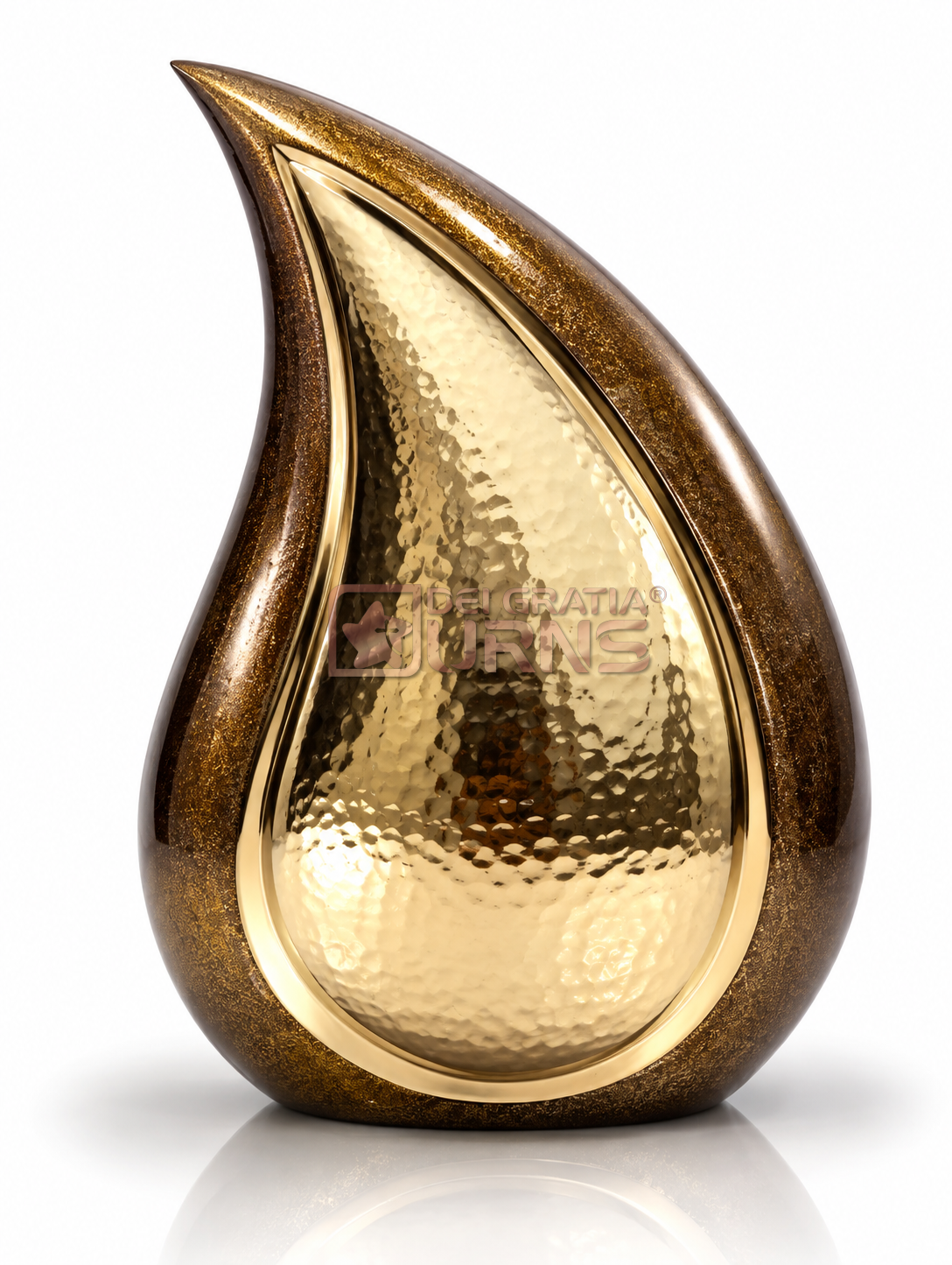 Golden Hammered Teardrop Cremation Urn, full front view on a white background