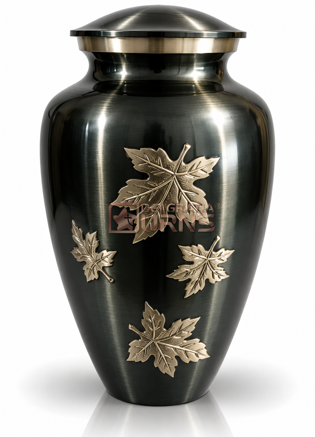 Onyx Black Gold Maple Leaf Cremation Urn, full front view on a white background