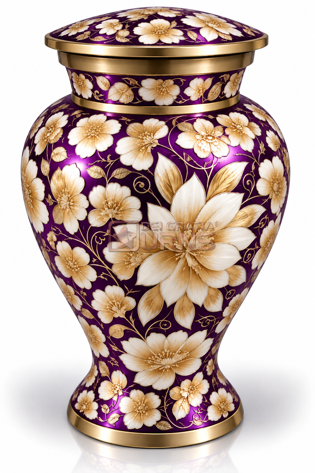 Royal Purple Ivory Blossom Cremation Urn, full front view on a white background